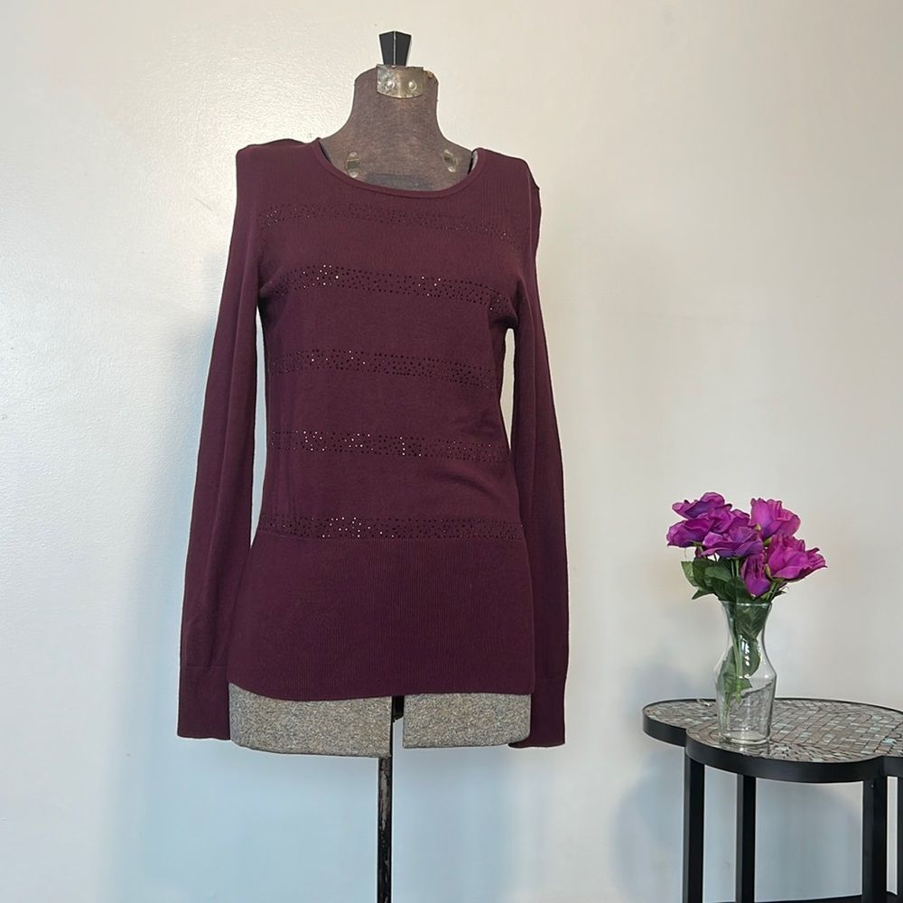 White House Black Market Burgundy Sweater Rhinestones Size S